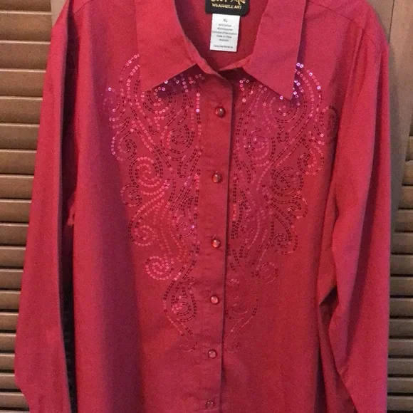 NEW Bob Mackie Sequin Cranberry Long Blouse…XL - Picture 2 of 5